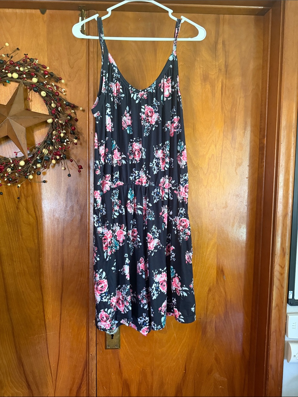 Black Floral Sleeveless romper with Pink Roses - Picture 2 of 2